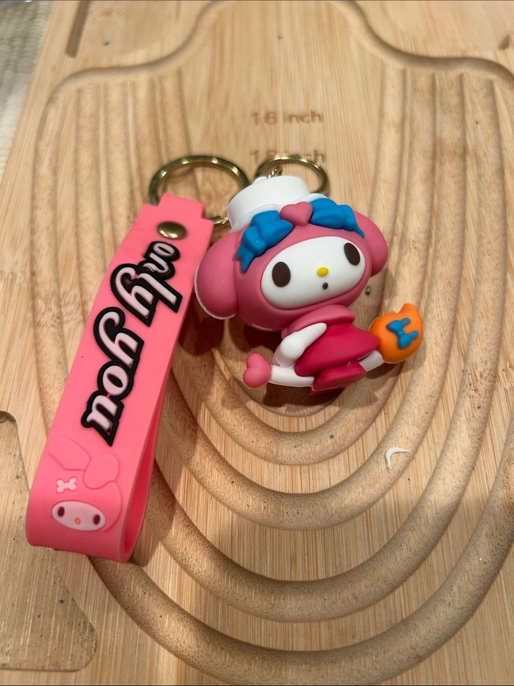 Pink Cartoon Character Silicone Keychain with Pink Strap and Gold Ring